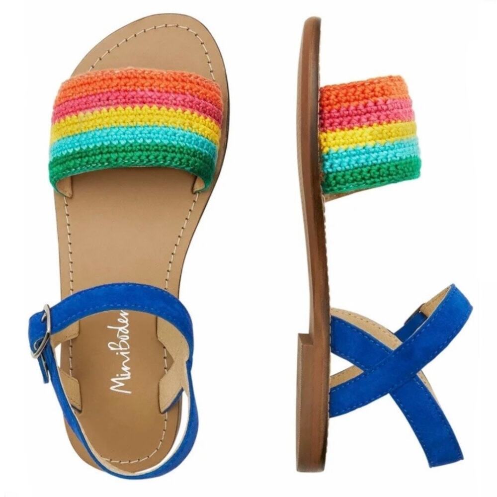 MINI BODEN | Rainbow Leather Crochet Strap Sandals Blue Suede | Size 36 (US 6)